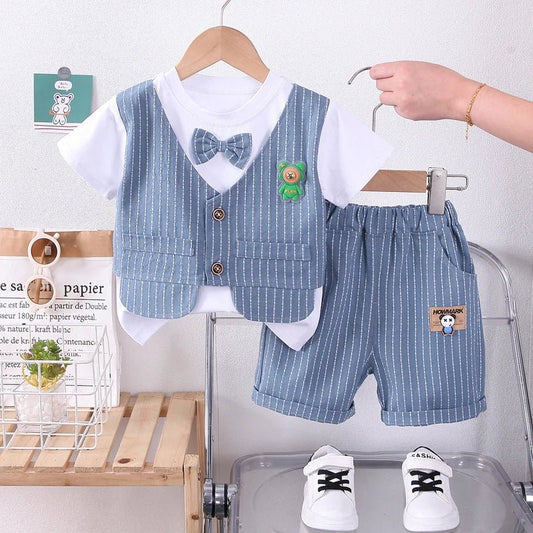 New Summer Kids Boys Clothes High Qulity Short Sleeve Gentleman Patchwork T Shirt Pants Toddler Boy Clothing Casual Outfits - PratSN