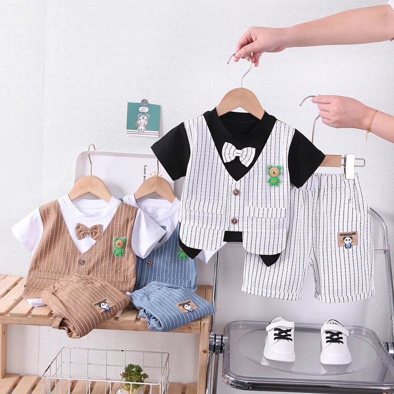 New Summer Kids Boys Clothes High Qulity Short Sleeve Gentleman Patchwork T Shirt Pants Toddler Boy Clothing Casual Outfits - PratSN