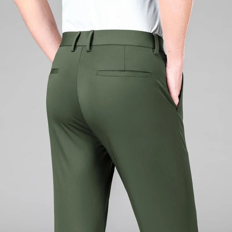 New Summer Men's Ice Silk High Stretch Business Suit Pants Male Army Green Blue Elastic Formal Office Straight Formal Trousers - PratSN