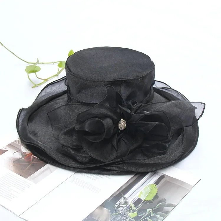 New Summer Women's Sun Hat Pure Color Flower Sunscreen Beach Hat Crystal Buckle Curl Edge Gift Hat Beach Accessory - PratSN