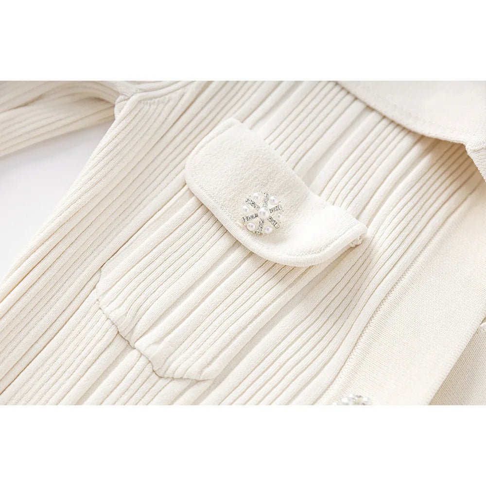 New Thread Casual Single - Breasted Waist Sheath French Knit Dress Long Sleeves Turn - down Collar Elastic Button Decoration - PratSN