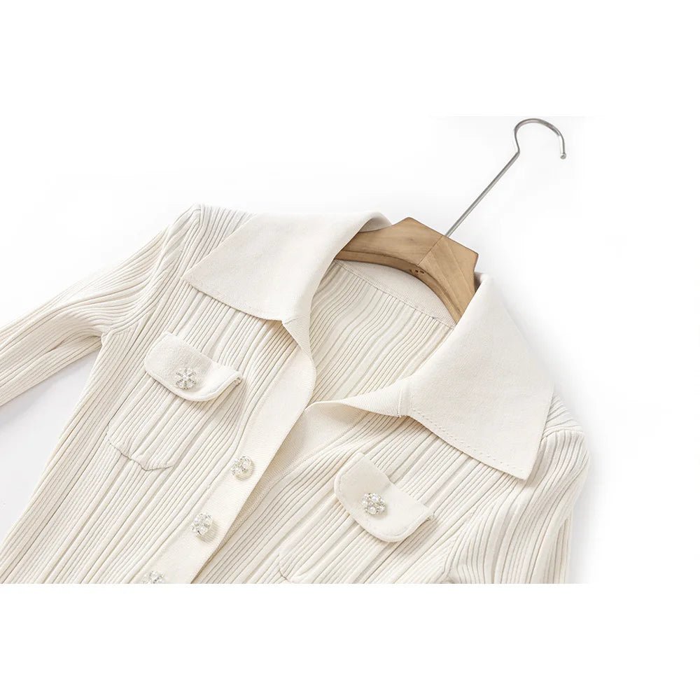 New Thread Casual Single - Breasted Waist Sheath French Knit Dress Long Sleeves Turn - down Collar Elastic Button Decoration - PratSN