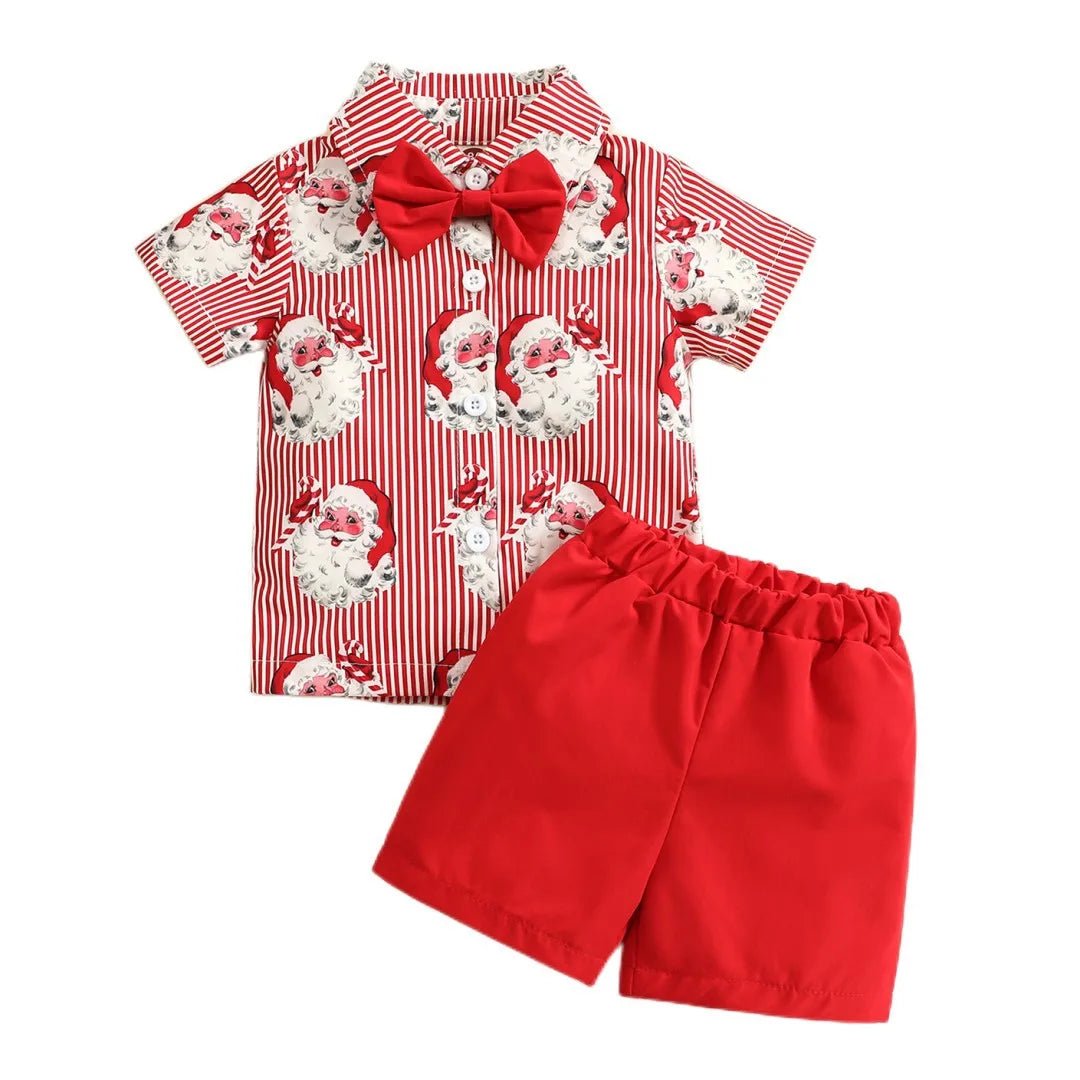 New Toddler Boys Christmas Outfits Gentleman Sets For Kids Short Sleeve Deer Shirt and Red Shorts New Year Costume For Children Baby - PratSN