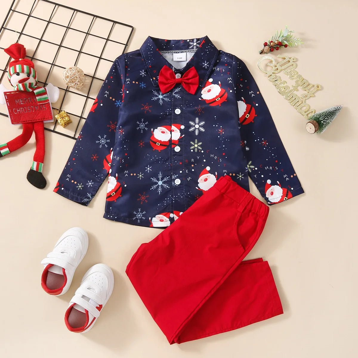 New Toddler Boys Christmas Outfits Gentleman Sets For Kids Short Sleeve Deer Shirt and Red Shorts New Year Costume For Children Baby - PratSN