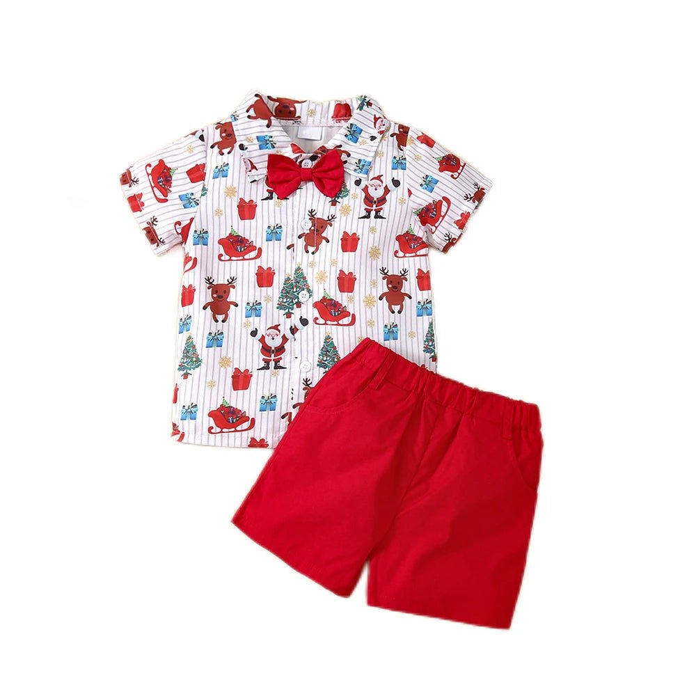 New Toddler Boys Christmas Outfits Gentleman Sets For Kids Short Sleeve Deer Shirt and Red Shorts New Year Costume For Children Baby - PratSN