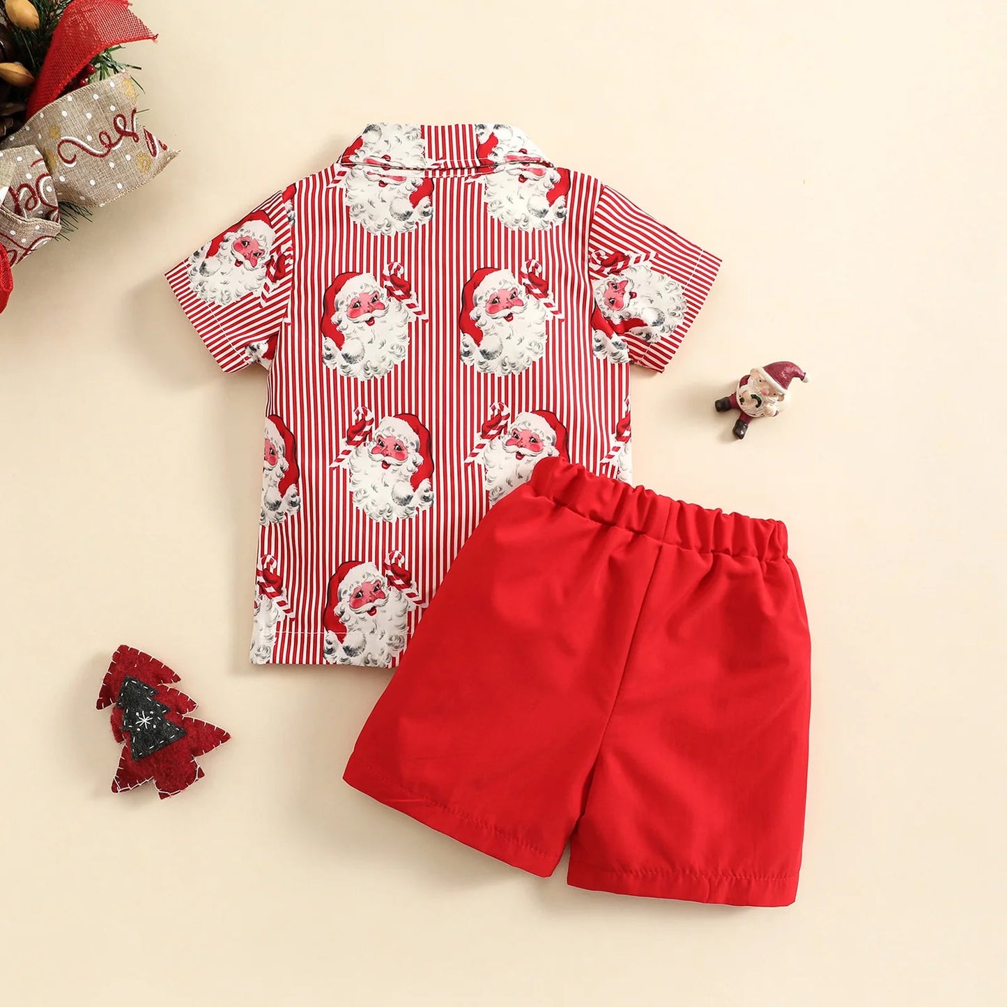 New Toddler Boys Christmas Outfits Gentleman Sets For Kids Short Sleeve Deer Shirt and Red Shorts New Year Costume For Children Baby - PratSN