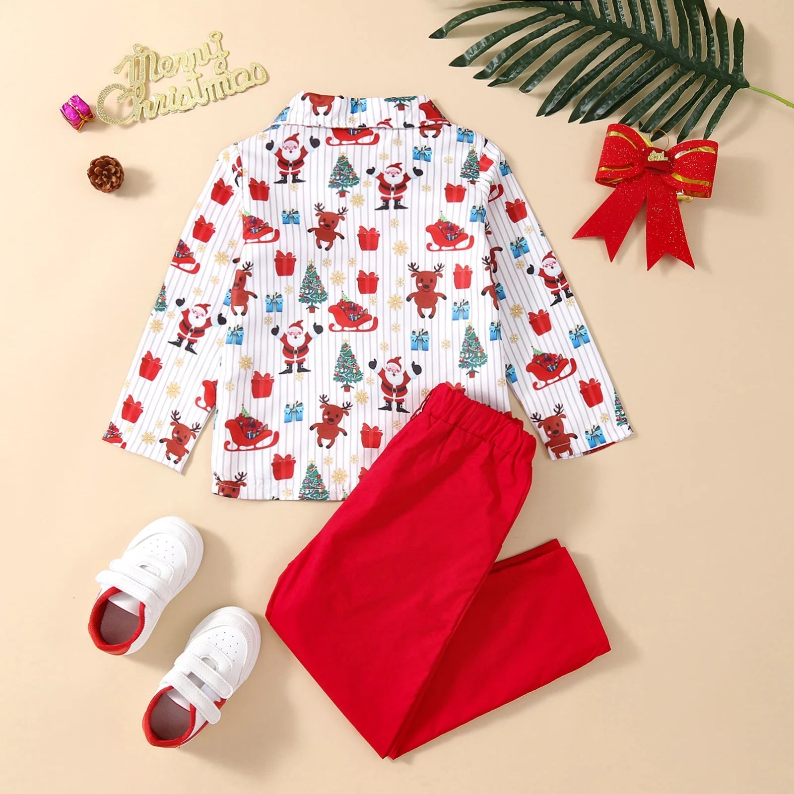 New Toddler Boys Christmas Outfits Gentleman Sets For Kids Short Sleeve Deer Shirt and Red Shorts New Year Costume For Children Baby - PratSN