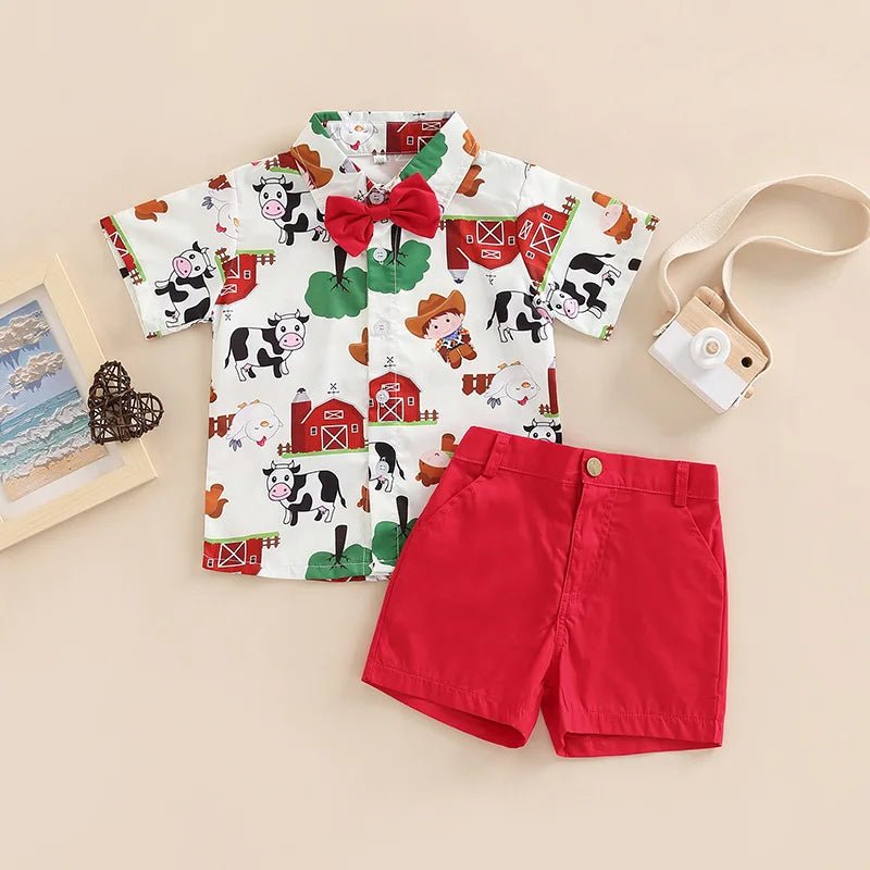 New Toddler Boys Christmas Outfits Gentleman Sets For Kids Short Sleeve Deer Shirt and Red Shorts New Year Costume For Children Baby - PratSN