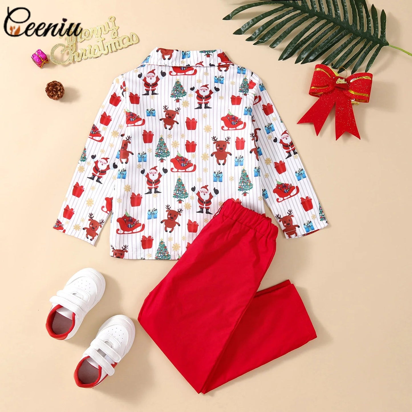 New Toddler Boys Christmas Outfits Gentleman Sets For Kids Short Sleeve Deer Shirt and Red Shorts New Year Costume For Children Baby - PratSN