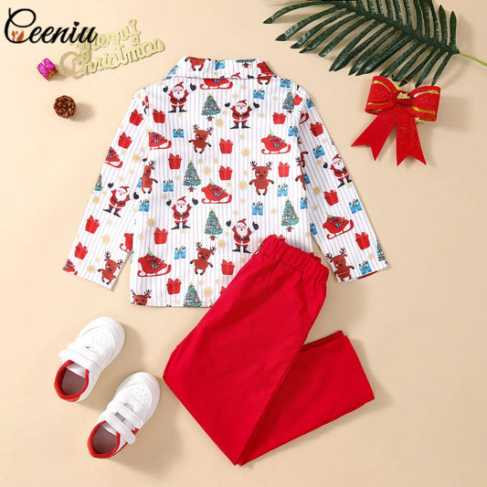 New Toddler Boys Christmas Outfits Gentleman Sets For Kids Short Sleeve Deer Shirt and Red Shorts New Year Costume For Children Baby - PratSN