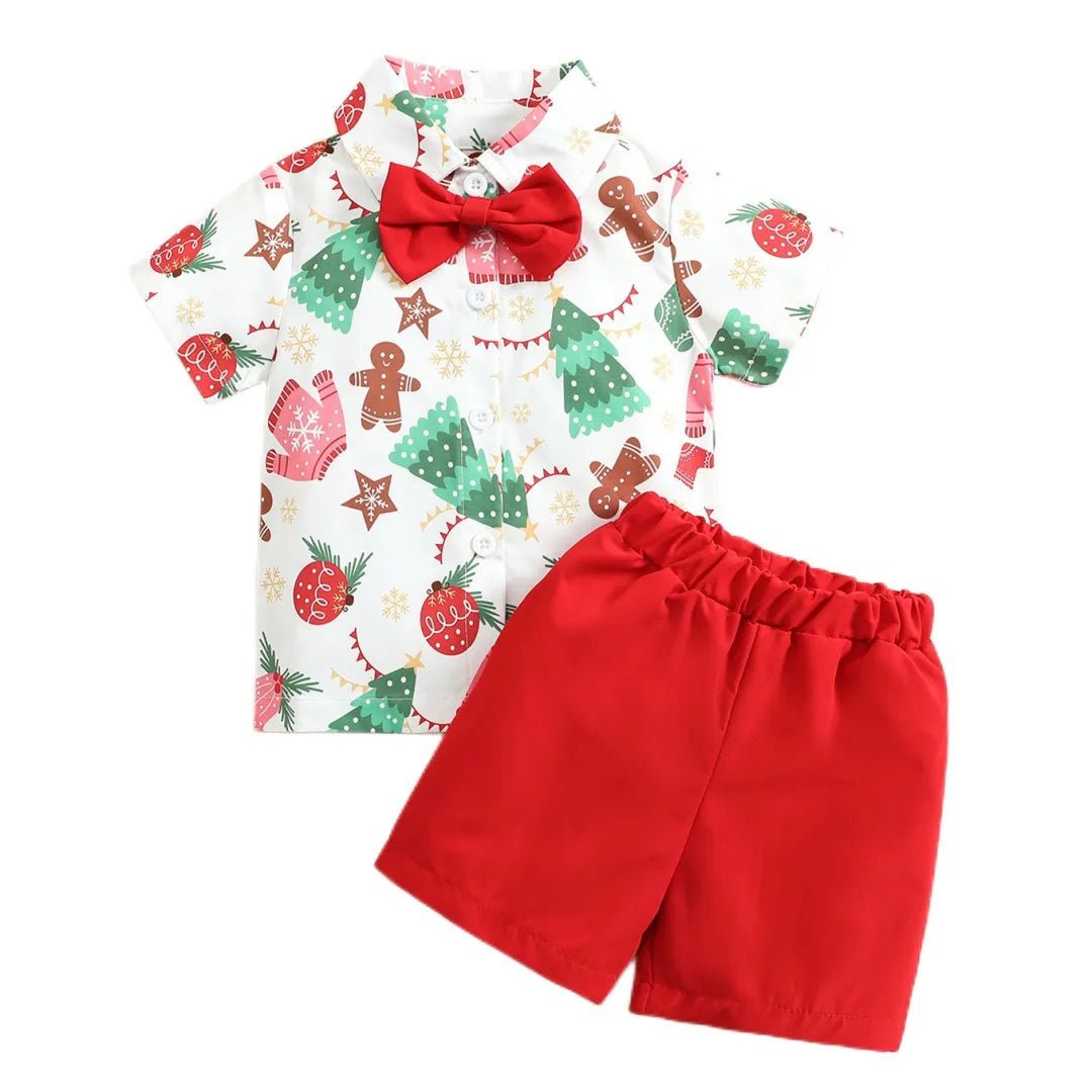 New Toddler Boys Christmas Outfits Gentleman Sets For Kids Short Sleeve Deer Shirt and Red Shorts New Year Costume For Children Baby - PratSN