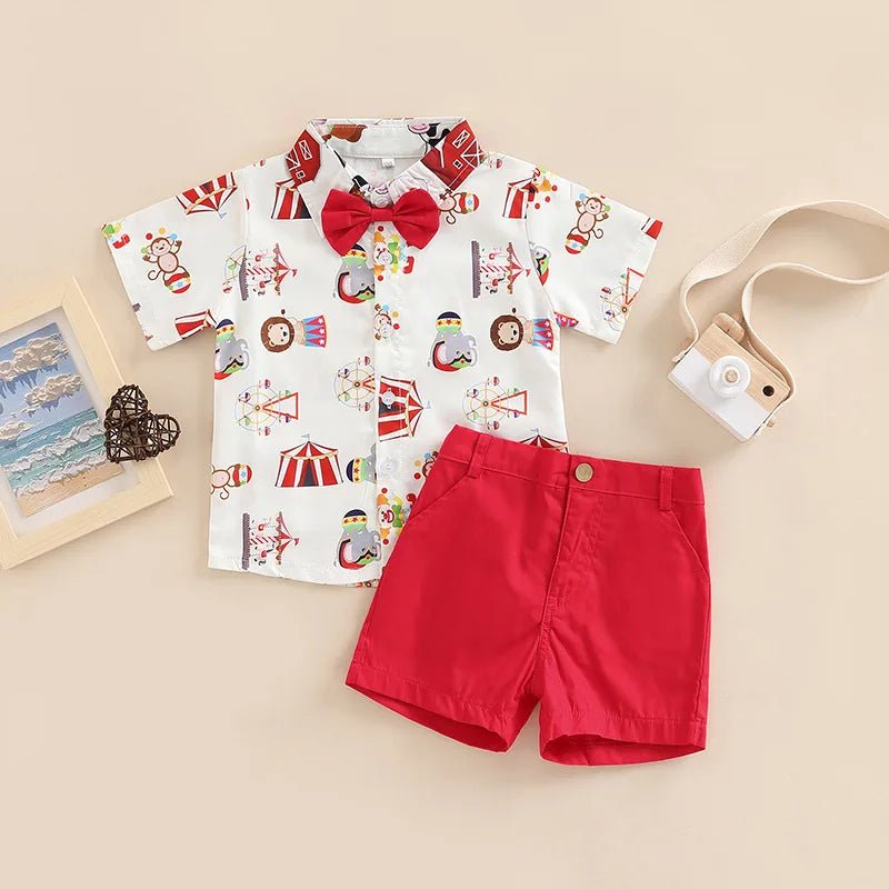 New Toddler Boys Christmas Outfits Gentleman Sets For Kids Short Sleeve Deer Shirt and Red Shorts New Year Costume For Children Baby - PratSN