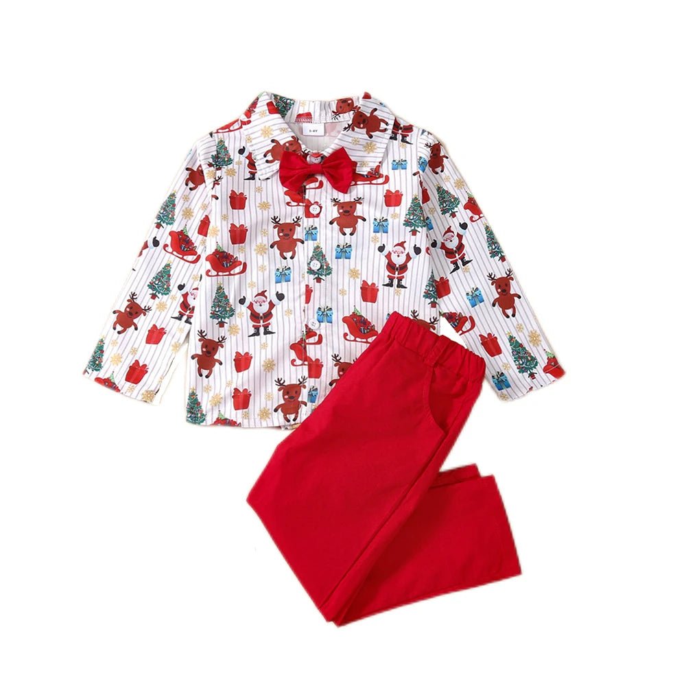 New Toddler Boys Christmas Outfits Gentleman Sets For Kids Short Sleeve Deer Shirt and Red Shorts New Year Costume For Children Baby - PratSN