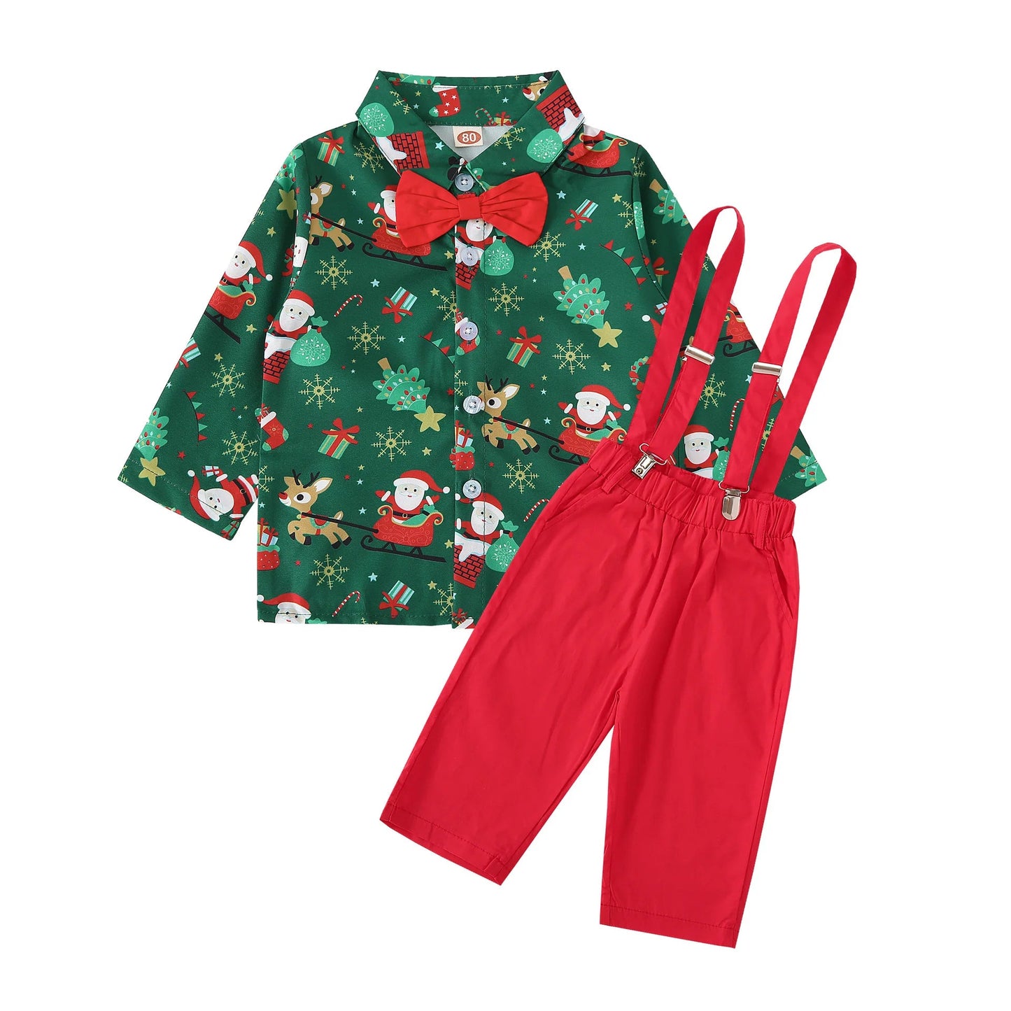 New Toddler Boys Christmas Outfits Gentleman Sets For Kids Short Sleeve Deer Shirt and Red Shorts New Year Costume For Children Baby - PratSN