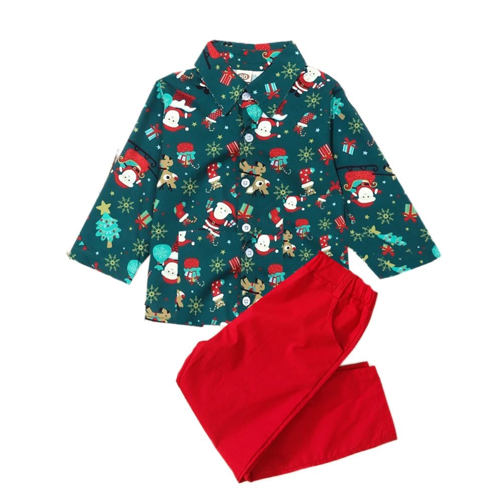 New Toddler Boys Christmas Outfits Gentleman Sets For Kids Short Sleeve Deer Shirt and Red Shorts New Year Costume For Children Baby - PratSN