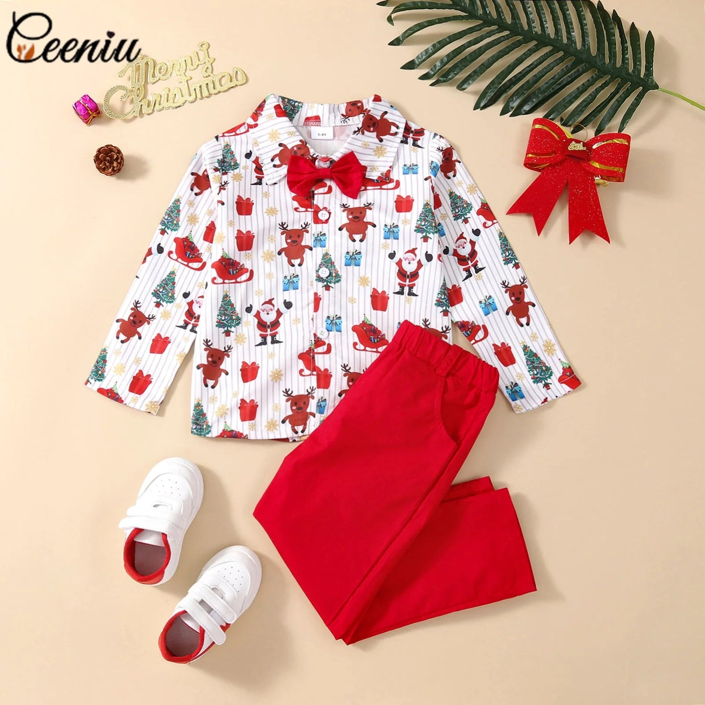New Toddler Boys Christmas Outfits Gentleman Sets For Kids Short Sleeve Deer Shirt and Red Shorts New Year Costume For Children Baby - PratSN