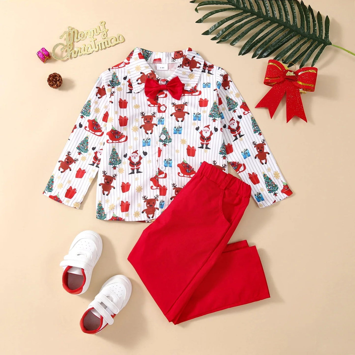 New Toddler Boys Christmas Outfits Gentleman Sets For Kids Short Sleeve Deer Shirt and Red Shorts New Year Costume For Children Baby - PratSN