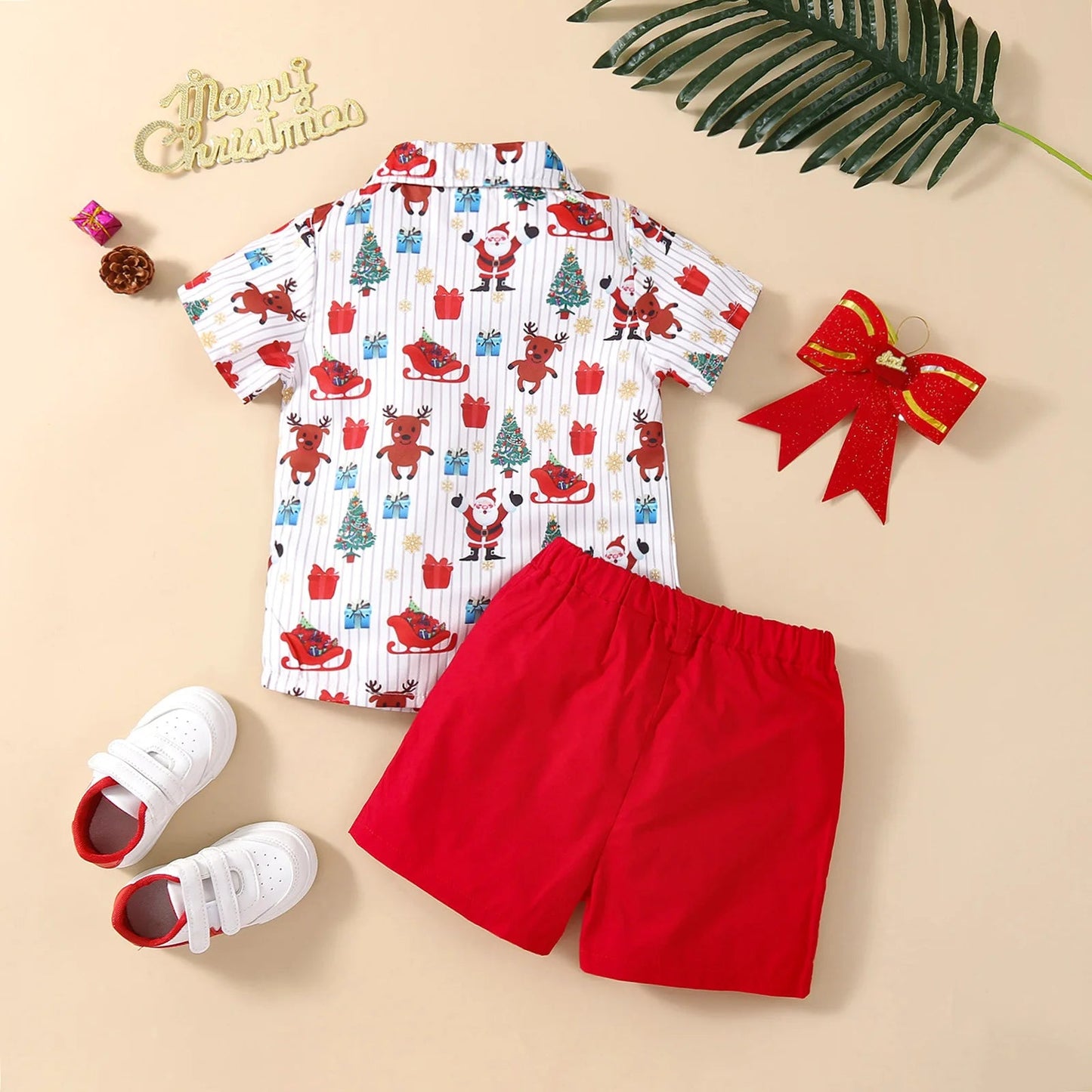 New Toddler Boys Christmas Outfits Gentleman Sets For Kids Short Sleeve Deer Shirt and Red Shorts New Year Costume For Children Baby - PratSN