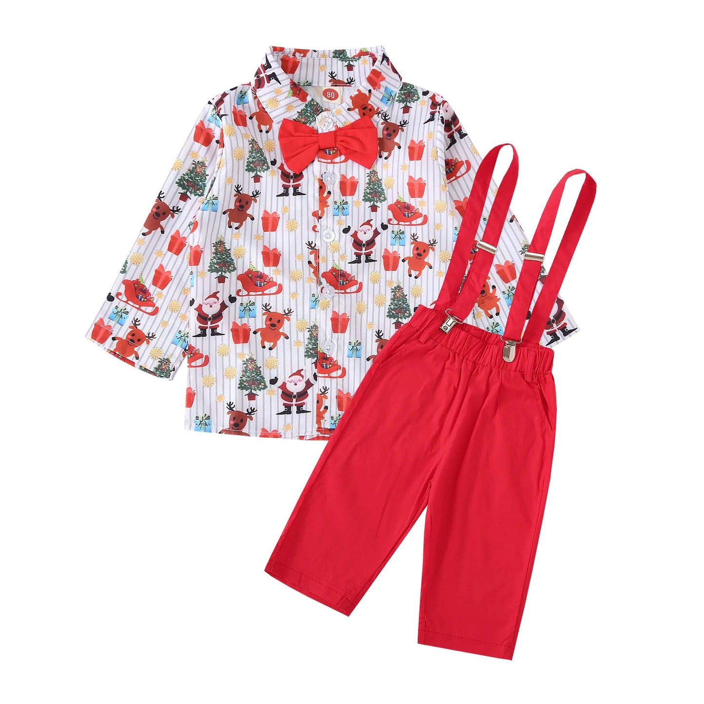 New Toddler Boys Christmas Outfits Gentleman Sets For Kids Short Sleeve Deer Shirt and Red Shorts New Year Costume For Children Baby - PratSN