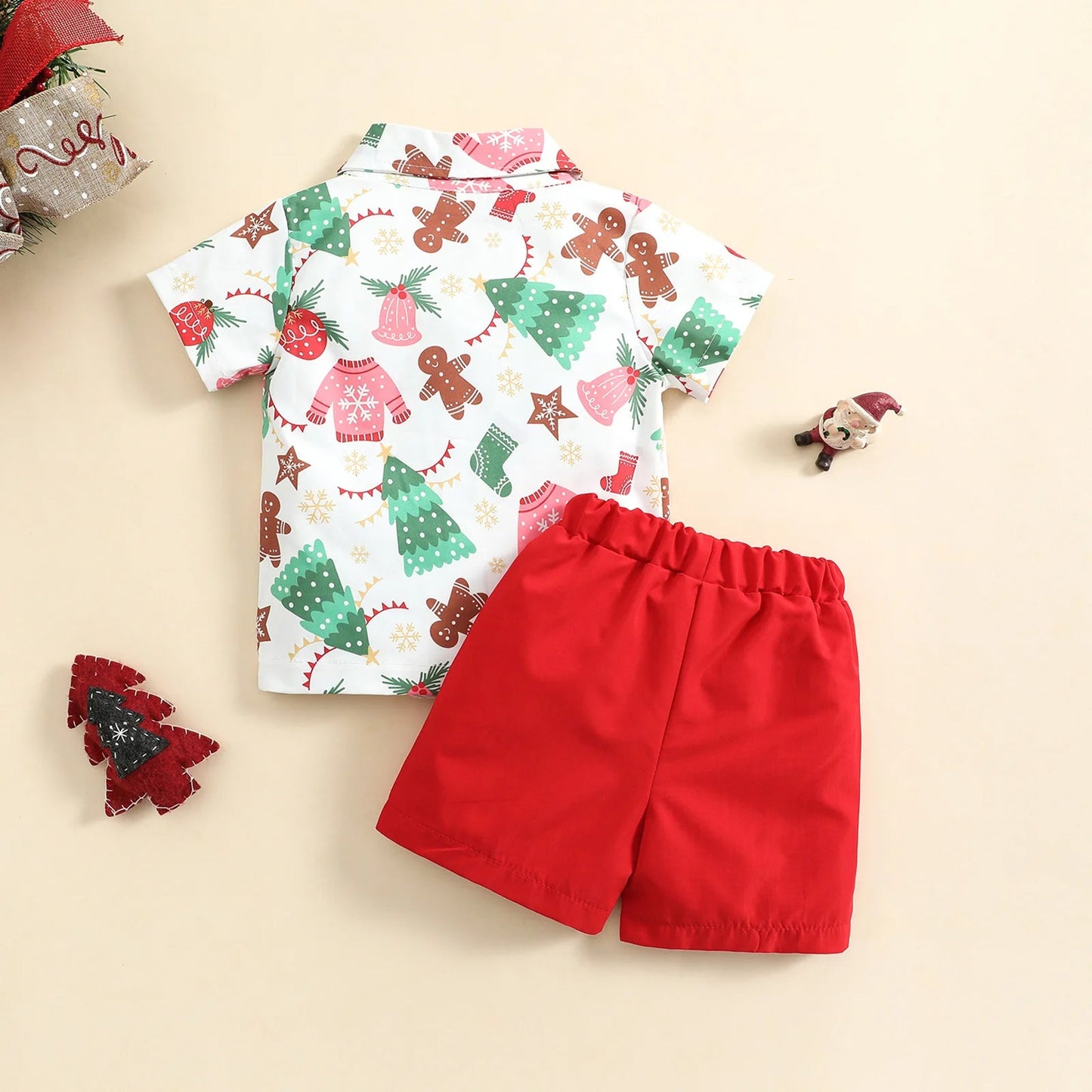 New Toddler Boys Christmas Outfits Gentleman Sets For Kids Short Sleeve Deer Shirt and Red Shorts New Year Costume For Children Baby - PratSN