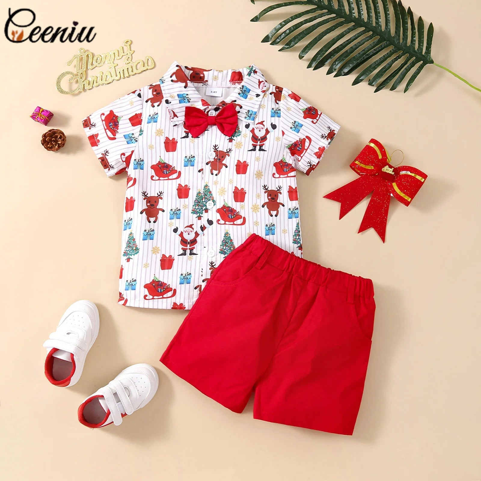 New Toddler Boys Christmas Outfits Gentleman Sets For Kids Short Sleeve Deer Shirt and Red Shorts New Year Costume For Children Baby - PratSN