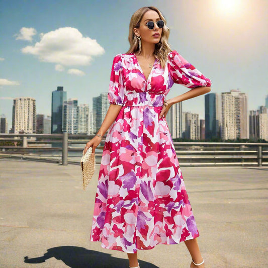 New V - neck Printed Short - sleeved Long Dress - PratSN