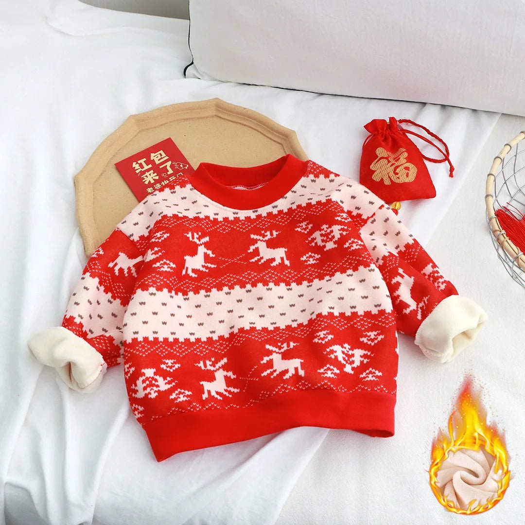 New Velvet Thickened Christmas T-shirt Children's Printing Sweatshirt Casual Children's Clothing For Winter New Year Gift - PratSN