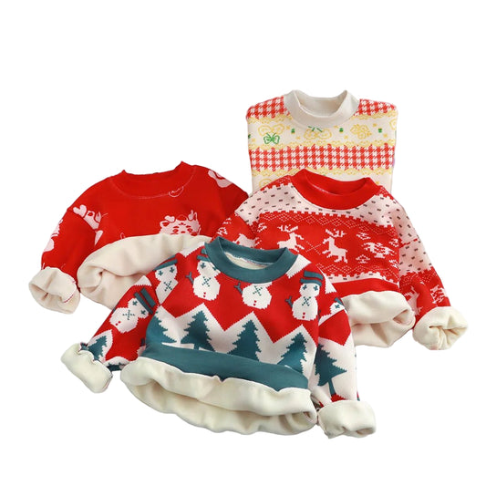 New Velvet Thickened Christmas T-shirt Children's Printing Sweatshirt Casual Children's Clothing For Winter New Year Gift - PratSN