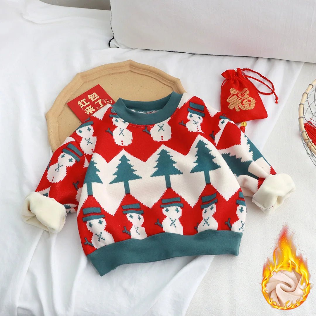 New Velvet Thickened Christmas T-shirt Children's Printing Sweatshirt Casual Children's Clothing For Winter New Year Gift - PratSN