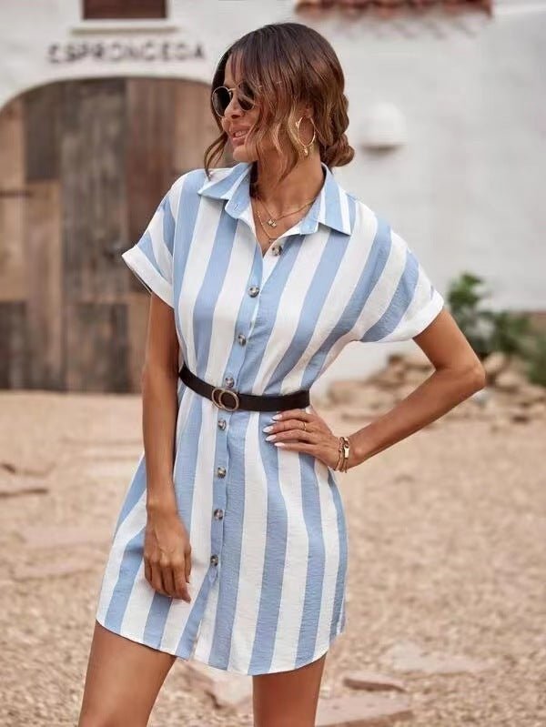 New Vertical Striped Lapel Short Sleeve Loose Temperament Shirt Dress - PratSN