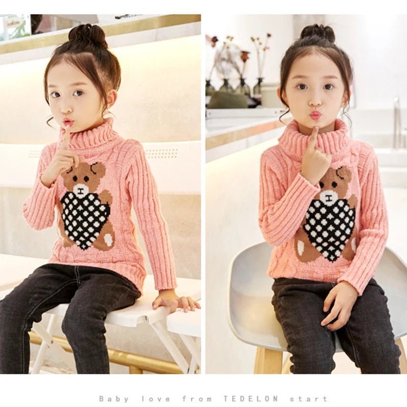New Winter Keep Warm Girls Sweater Cartoon Bear Pattern High Neck Design Full Sleeve Knitted Shirt Children Birthday Present - PratSN