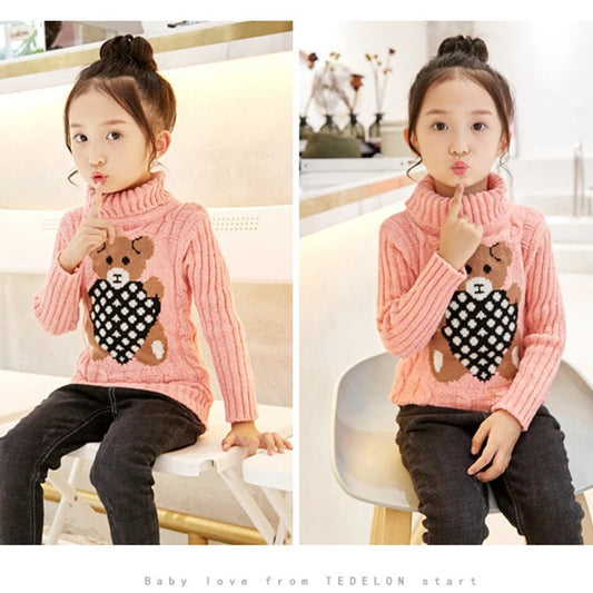 New Winter Keep Warm Girls Sweater Cartoon Bear Pattern High Neck Design Full Sleeve Knitted Shirt Children Birthday Present - PratSN