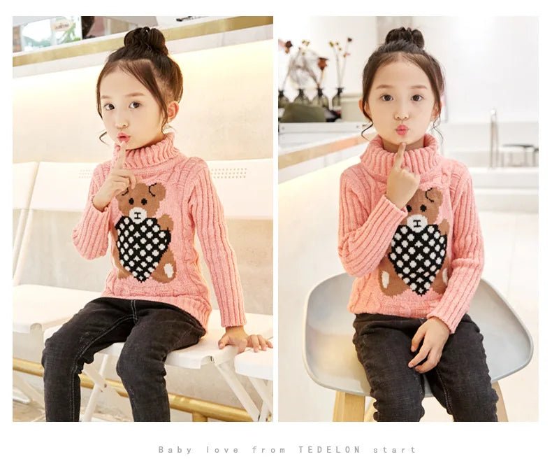 New Winter Keep Warm Girls Sweater Cartoon Bear Pattern High Neck Design Full Sleeve Knitted Shirt Children Birthday Present - PratSN