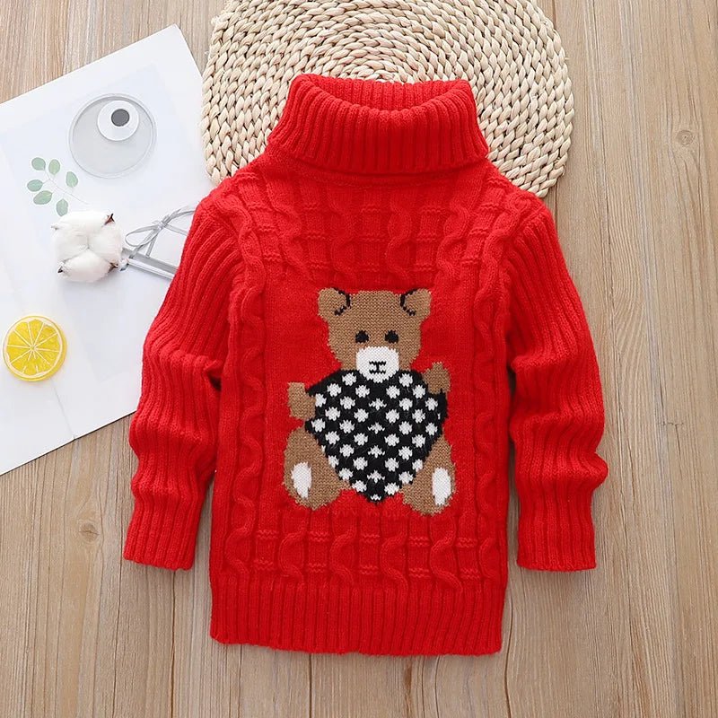 New Winter Keep Warm Girls Sweater Cartoon Bear Pattern High Neck Design Full Sleeve Knitted Shirt Children Birthday Present - PratSN
