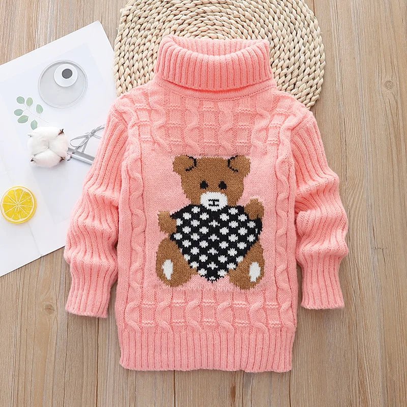 New Winter Keep Warm Girls Sweater Cartoon Bear Pattern High Neck Design Full Sleeve Knitted Shirt Children Birthday Present - PratSN