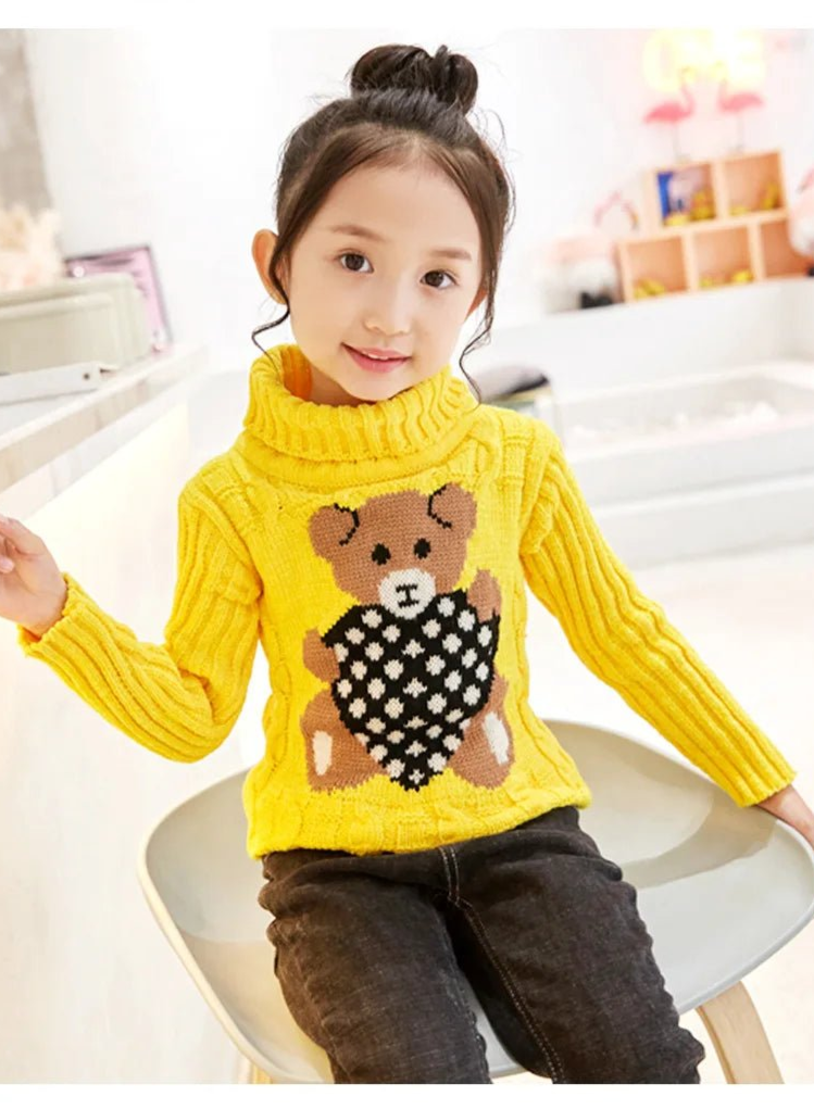 New Winter Keep Warm Girls Sweater Cartoon Bear Pattern High Neck Design Full Sleeve Knitted Shirt Children Birthday Present - PratSN