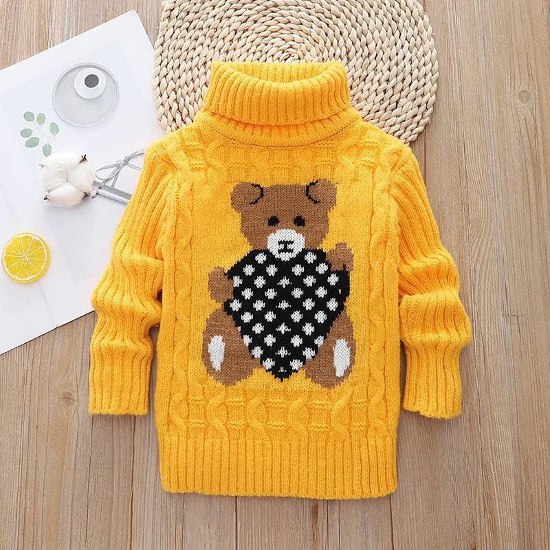 New Winter Keep Warm Girls Sweater Cartoon Bear Pattern High Neck Design Full Sleeve Knitted Shirt Children Birthday Present - PratSN