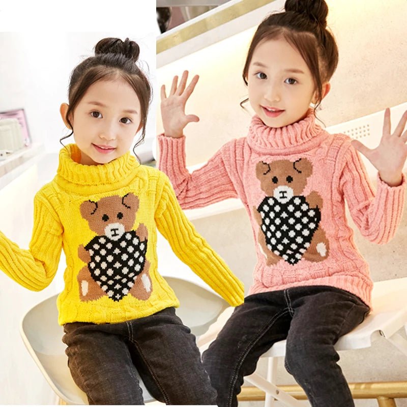 New Winter Keep Warm Girls Sweater Cartoon Bear Pattern High Neck Design Full Sleeve Knitted Shirt Children Birthday Present - PratSN