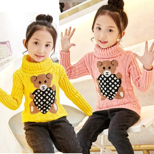 New Winter Keep Warm Girls Sweater Cartoon Bear Pattern High Neck Design Full Sleeve Knitted Shirt Children Birthday Present - PratSN