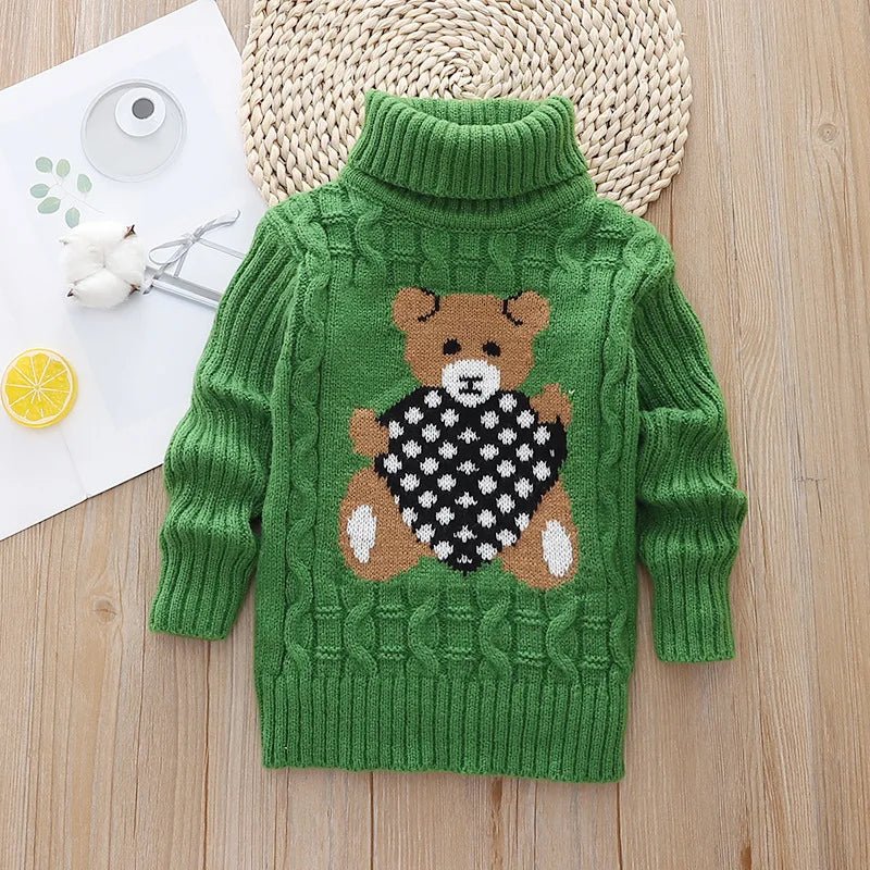 New Winter Keep Warm Girls Sweater Cartoon Bear Pattern High Neck Design Full Sleeve Knitted Shirt Children Birthday Present - PratSN