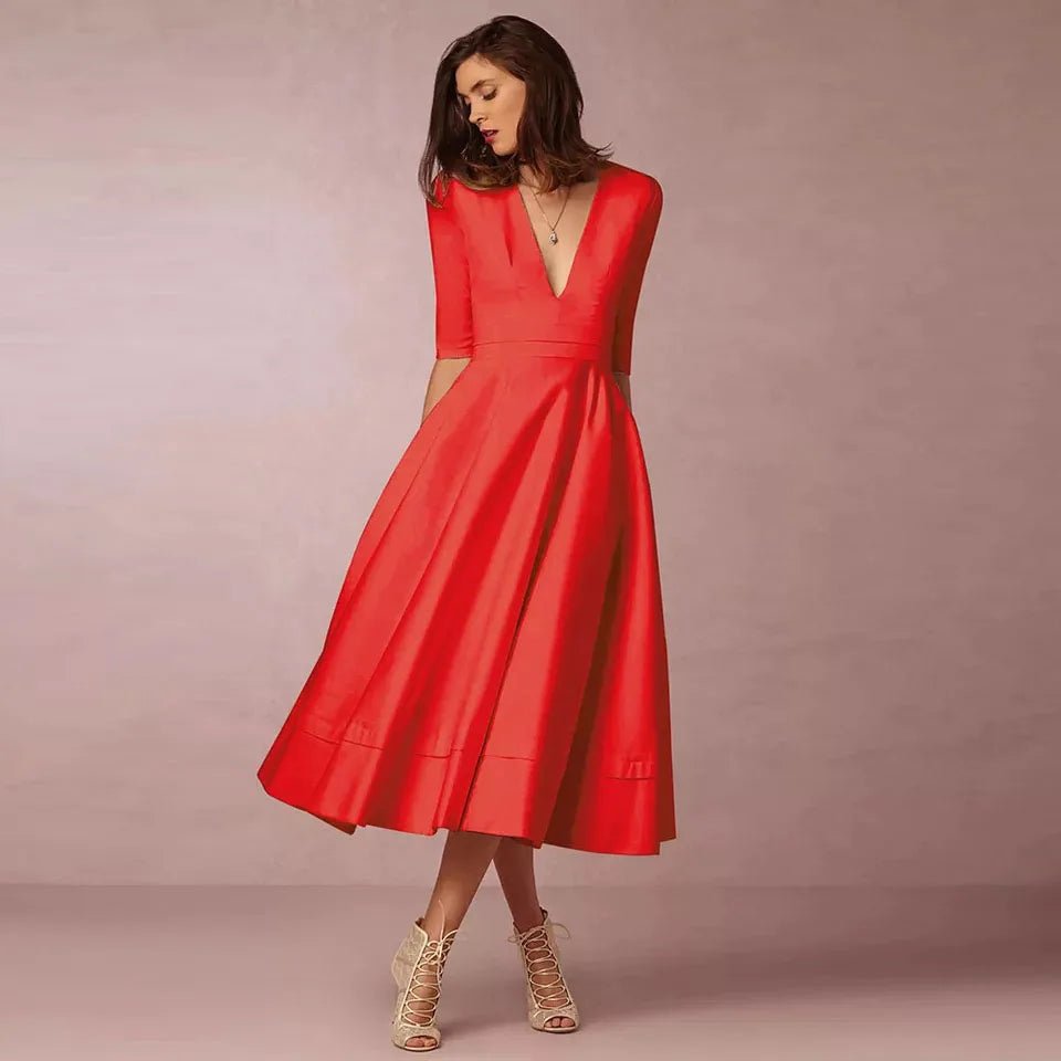 New Women Dress Long Fashion Vacation Party Dresses Short Sleeve V - neck Slit Solid High Quality - PratSN