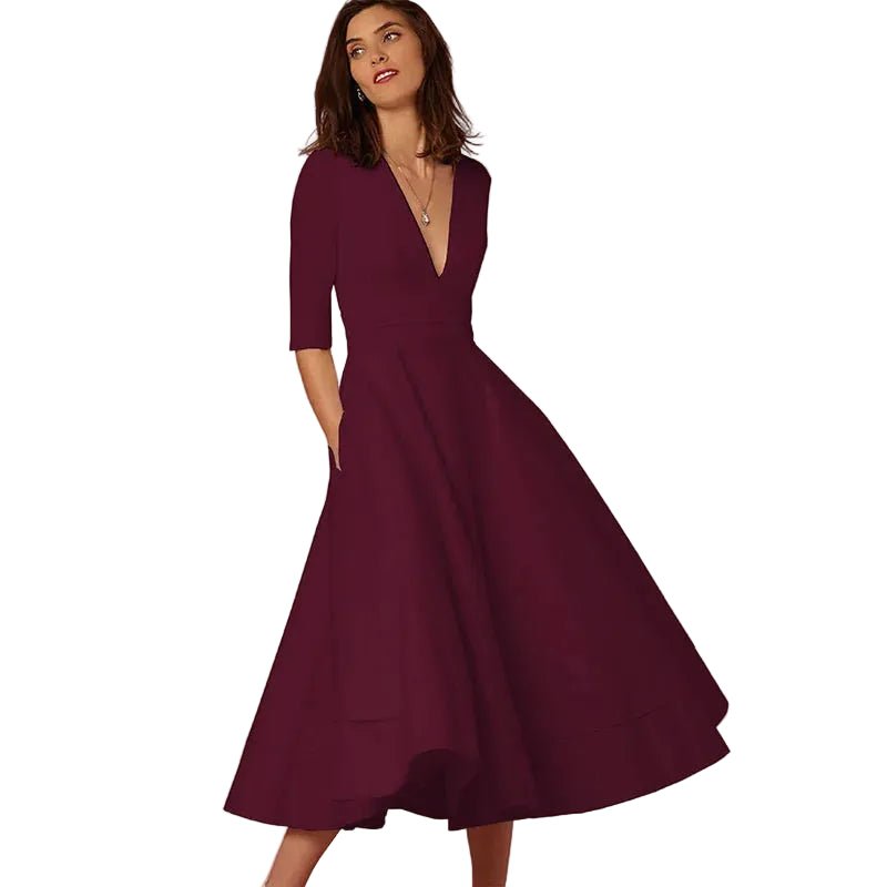 New Women Dress Long Fashion Vacation Party Dresses Short Sleeve V - neck Slit Solid High Quality - PratSN