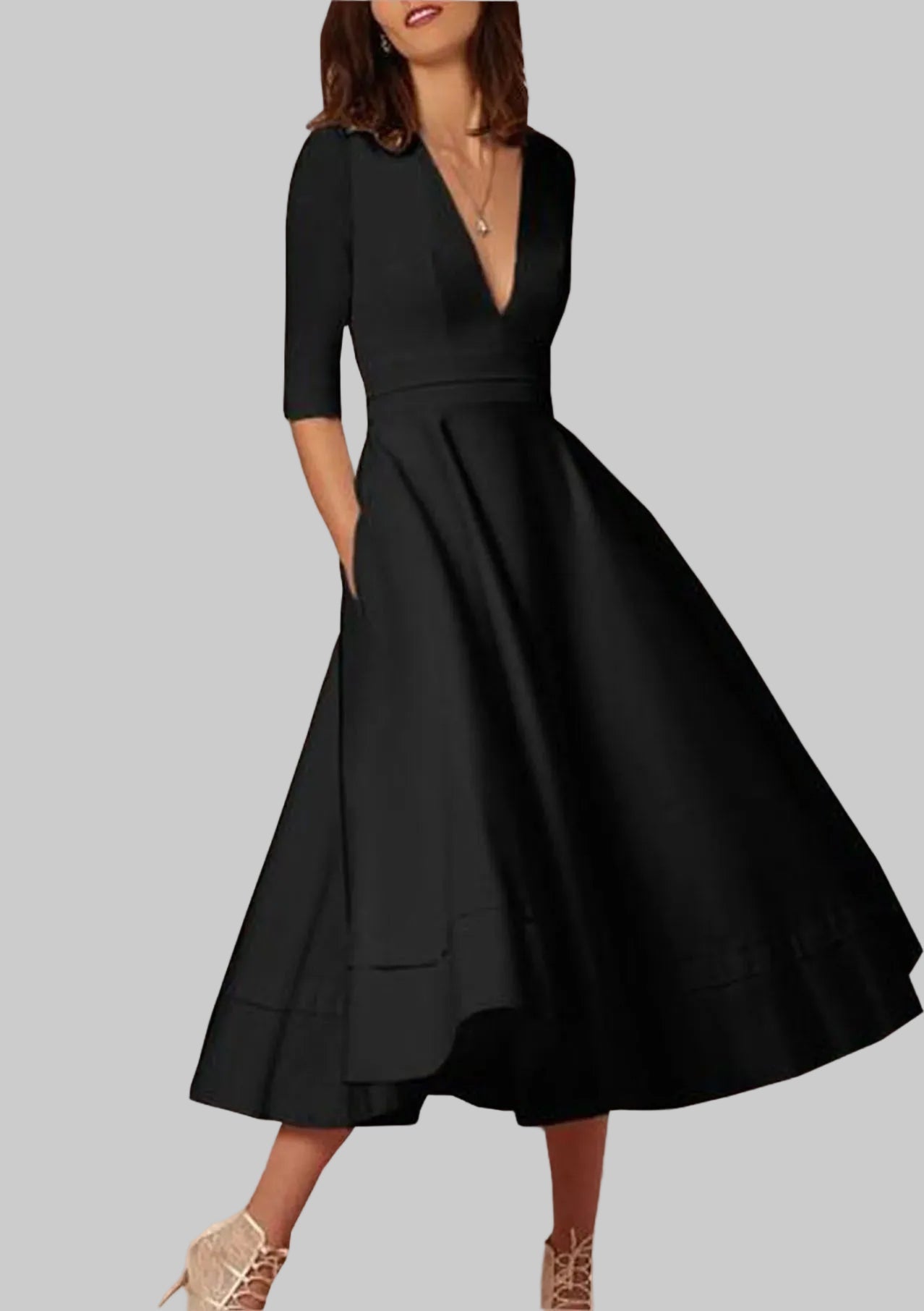 New Women Dress Long Fashion Vacation Party Dresses Short Sleeve V - neck Slit Solid High Quality - PratSN