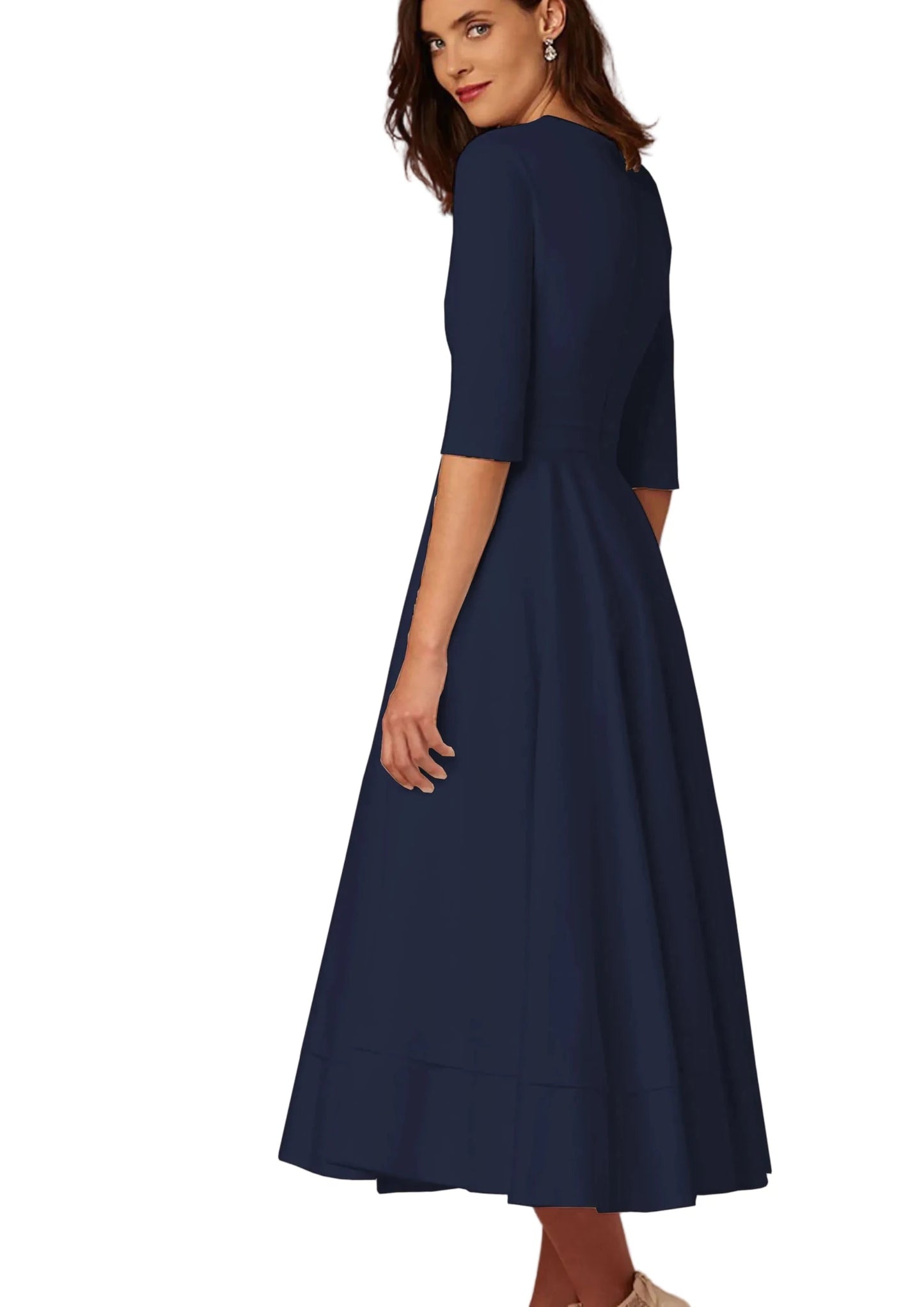 New Women Dress Long Fashion Vacation Party Dresses Short Sleeve V - neck Slit Solid High Quality - PratSN