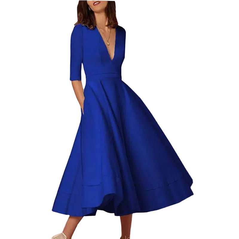 New Women Dress Long Fashion Vacation Party Dresses Short Sleeve V - neck Slit Solid High Quality - PratSN