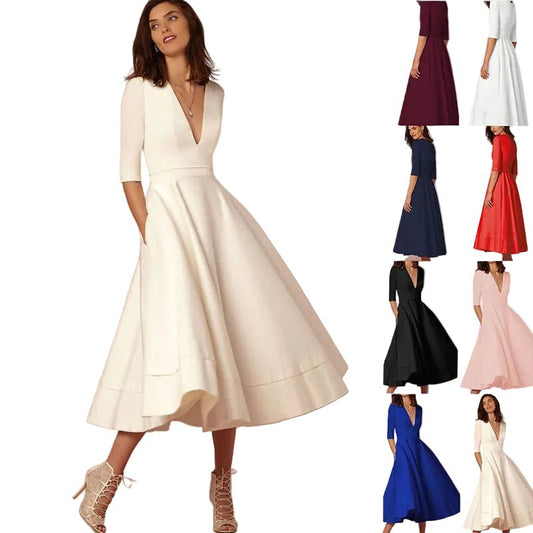 New Women Dress Long Fashion Vacation Party Dresses Short Sleeve V - neck Slit Solid High Quality - PratSN