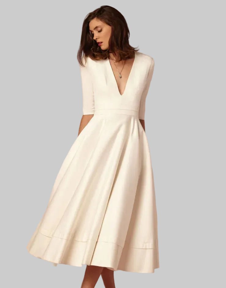 New Women Dress Long Fashion Vacation Party Dresses Short Sleeve V - neck Slit Solid High Quality - PratSN
