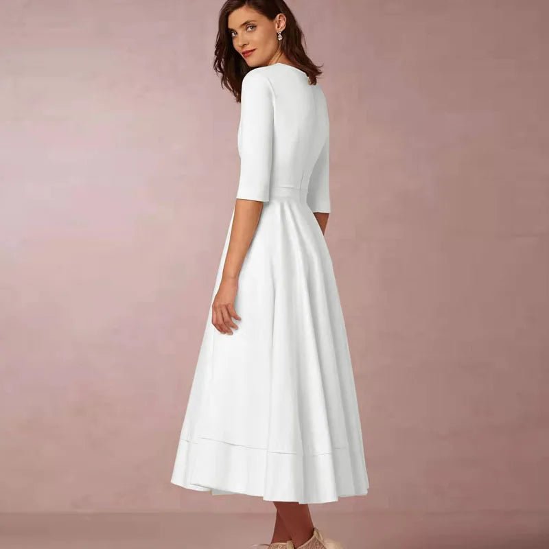 New Women Dress Long Fashion Vacation Party Dresses Short Sleeve V - neck Slit Solid High Quality - PratSN