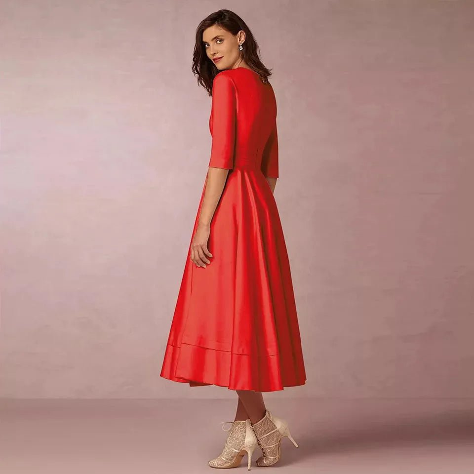 New Women Dress Long Fashion Vacation Party Dresses Short Sleeve V - neck Slit Solid High Quality - PratSN