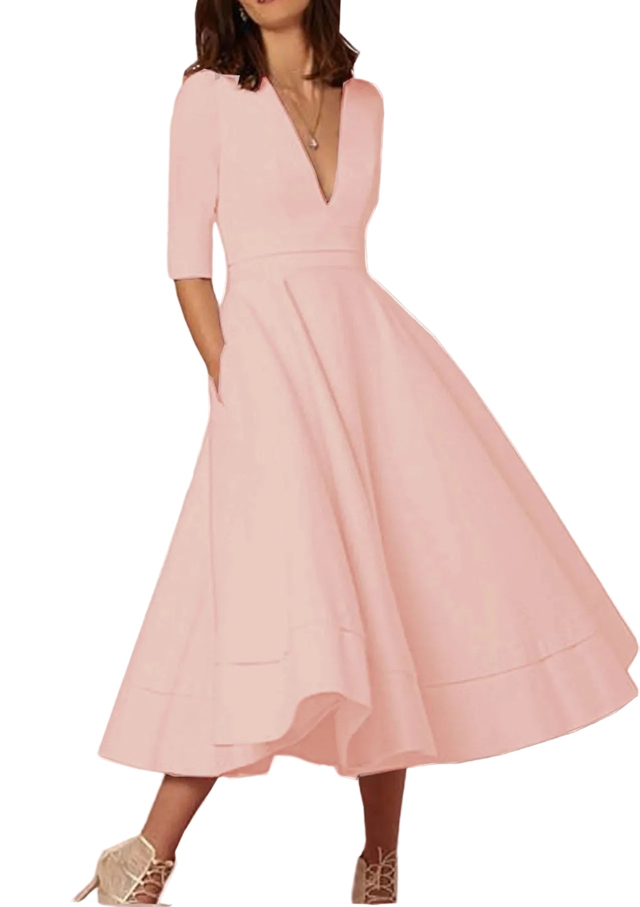 New Women Dress Long Fashion Vacation Party Dresses Short Sleeve V - neck Slit Solid High Quality - PratSN